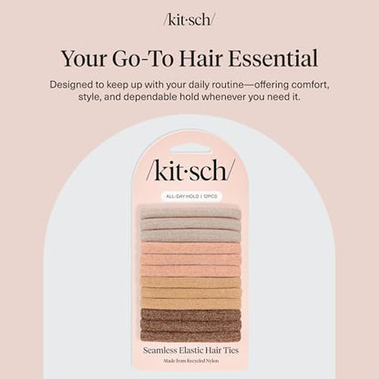 Kitsch Elastic Hair Ties No Damage | Stretchable Hair Bands - Neutral 12pcs | Strong All-Day Hold Hair, Rubber Bands For Hair, Ponytail Holders | Hair Accessories for Everyday Use - color: Neutral (Pack of 12)