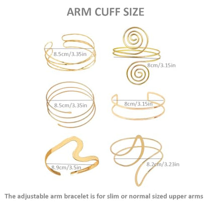 ItsStarred Minimalist Arm Cuff Gold Plated, Upper Arm Cuff Bangle Bracelet for Women, Adjustable Arm band Set 6 Pieces - color: A: 14K Gold Plated