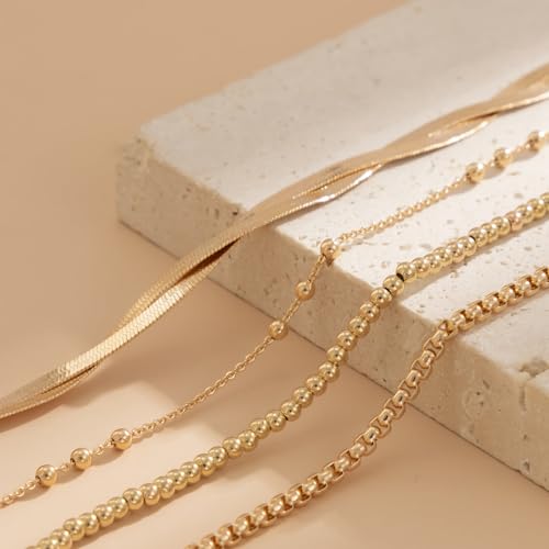 Gold Ankle Bracelets for Women,Dainty 14K Gold Plated Anklets for Women Waterproof Herringbone Beaded Satellite Anklets Set Layered Anklet Bracelets for Women Gold Jewelry Gift - color: Set 5