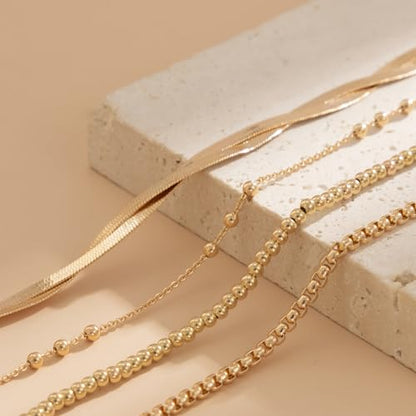 Gold Ankle Bracelets for Women,Dainty 14K Gold Plated Anklets for Women Waterproof Herringbone Beaded Satellite Anklets Set Layered Anklet Bracelets for Women Gold Jewelry Gift - color: Set 5