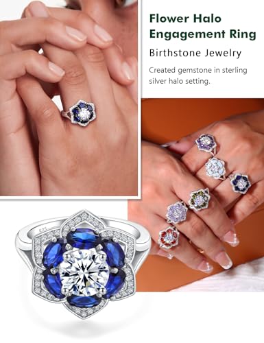 Flower Engagement Promise Ring Sterling Silver Birthstone Rings for Women Sapphire/Emerald/Ruby Gemstone Six Leaf Clover Statement Cocktail Ring Size 6 to 10 - style: 09. September-Created Sapphire