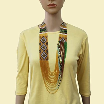 Handmade Native American Style Tribal ethnic Seed Bead Beaded Layered Medallion Necklace - color: Gold