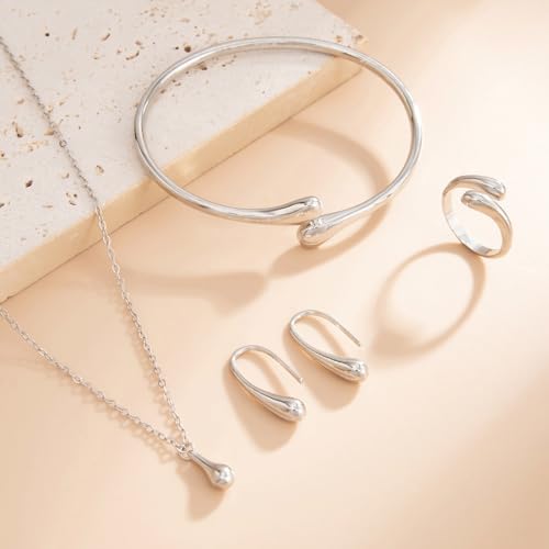QiaTsed Women's Jewelry Set Gold Teardrop Jewelry Set Statement Elegance Jewelry with Necklace Bracelet Ring Earrings Ideal Jewelry Gift for Women - color: Silver
