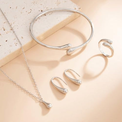QiaTsed Women's Jewelry Set Gold Teardrop Jewelry Set Statement Elegance Jewelry with Necklace Bracelet Ring Earrings Ideal Jewelry Gift for Women - color: Silver