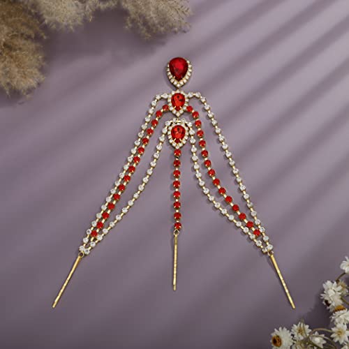 Bohemian Full Rhinestone Chain Red Crystal Head Chain Clip Drop Pendant HeadPieces Forehead Headband Hair Accessories for Wedding Brides Party Prom Costume (Gold Red) - color: Gold Red
