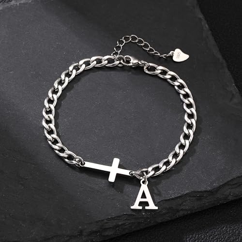 Cross Cuban Link Bracelets for Men Initial A - Z Faith Cross Bracelets, Stainless Steel Fashion Initial Charm Chain Bracelet Religious Jewelry Gift for Men - color: Silver A