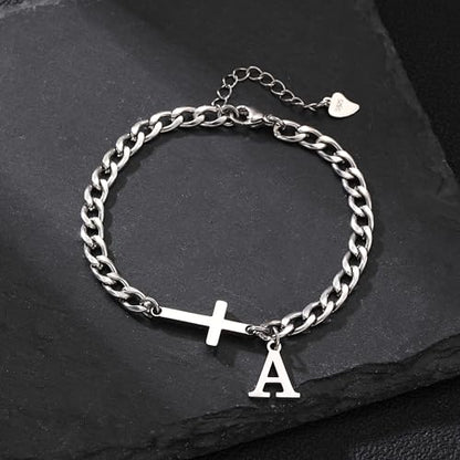 Cross Cuban Link Bracelets for Men Initial A - Z Faith Cross Bracelets, Stainless Steel Fashion Initial Charm Chain Bracelet Religious Jewelry Gift for Men - color: Silver A