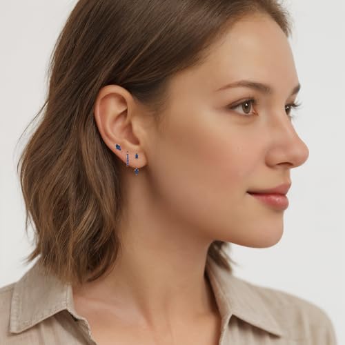 3 Pairs Stackable Kite Stud Earrings Set for Women Trendy | Dainty Birthstone Stud Gold & 925 Sterling Silver Huggie Hoop Jacket Stack Earrings for Women 2026 - color: Gold-Blue Sapphire