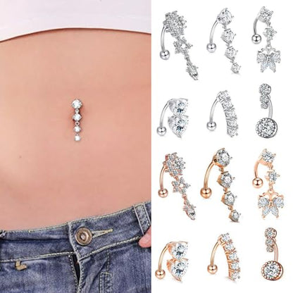 6Pcs 14G Surgical Steel Reversed Belly Button Rings for Women Sparkling CZ Crystal Dangle Belly Button Ring Curved Navel Barbell 3/8" 10mm Navel Piercing Jewelry - color: Rose Gold