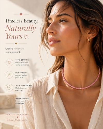 Natural Heishi Gemstone Choker Necklace for Women, Adjustable 15"+2" Beaded Layering Necklace, Coastal Beach Jewelry Gift for Her - color: Rose Quartz (Dark Color)