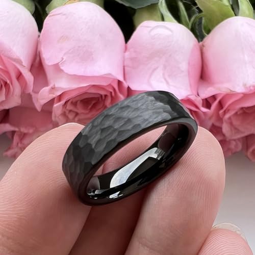TUTISS 6mm 8mm Silver/Black/Gunmetal/Gold/Rose Gold Hammered Tungsten Rings for Men Women Couple Fashion Jewelry Engagement Wedding Bands Matte Finish Comfort Fit - color: 6mm Black Tungsten