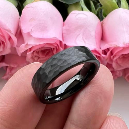 TUTISS 6mm 8mm Silver/Black/Gunmetal/Gold/Rose Gold Hammered Tungsten Rings for Men Women Couple Fashion Jewelry Engagement Wedding Bands Matte Finish Comfort Fit - color: 6mm Black Tungsten