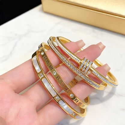 CERULEAN 5-Piece Elegant Stainless Steel Bracelet Set, Fashionable Classic Design, Stainless Steel 5 Piece Bracelet Set, Non Tarnish Bangle, Elegant Bracelets Sets for Everyday and Formal Wear - color: Gold
