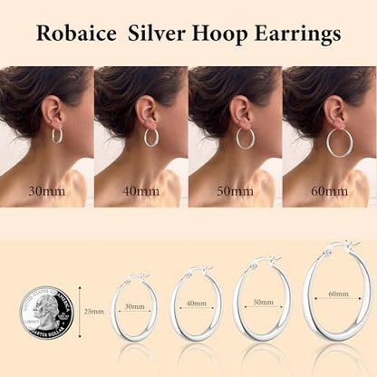 Robaice 925 Sterling Silver Hollow Hoop Earrings for Women, 30/40/50/60mm | Lightweight hollow circle hoops with a clean polished profile, hypoallergenic for everyday wear - size: 60mm Silver Hoop