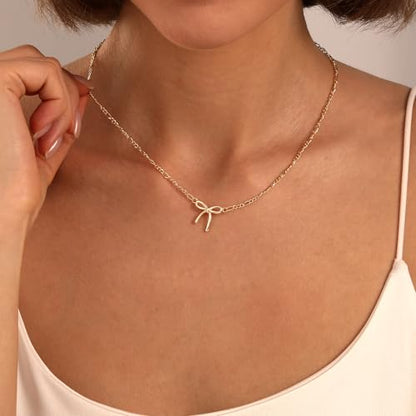 Gold Silver Necklace for Women, Dainty Cubic Zirconia Pendant | Teardrop CZ Charm, 14K Gold/Sterling Silver Plated, Adjustable Chain, Hypoallergenic & Waterproof Jewelry, Cute Trendy Gift - color: Gold-Bow/figaro chain