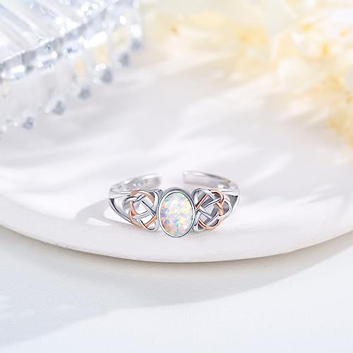 PRAYMOS 925 Sterling Silver Ring Birthstone Ring Turquoise Moss White Opal Ring for Women Celtic Knot Open Adjustable Thrumb Ring - color: white opal