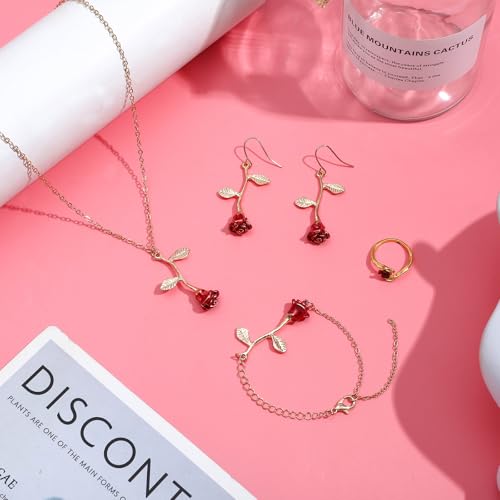 NEWITIN 4 Pieces Flower Jewelry Set for Women Fashion Costume Jewels Pink Flower Dangle Earrings Necklace Floral Beads Bracelet Gold Jewelry Set for Women - color: Rose Flower Jewelry Set