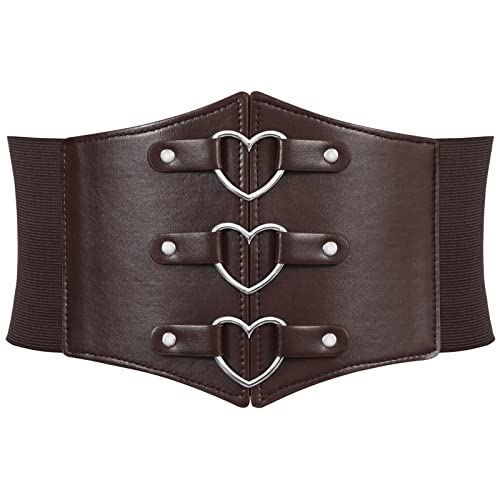 Women Corset Belt Heart Wide Elastic Waist Belt for Daily Halloween Costume | Metal Heart-Ring Decor, 4.5" Wide Waist Corset, 3 Silver Snap, Pirate Corset Belt for Renaissance Cosplay Outfits - color: Heart Coffee, size: 44" fit waist: 43"-49"