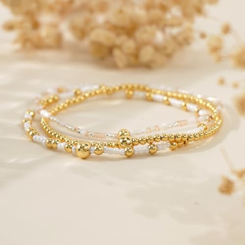 Gold Beaded Bracelet Stack for Women Colorful Small Seed Beads Bracelets Set Boho 14K Gold Plated Ball Stackable Stretch Non-Tarnish Dainty Jewelry Trendy Accessory Friendship Gift - color: pale pink and white