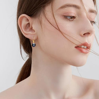 925 Sterling Silver Pearl Leverback Earrings Dangle Drop Jewelry Gifts for Women - style: Black Pearl-Gold