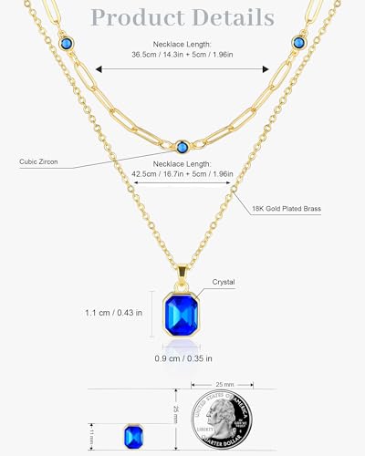 Gold Layered Necklaces for Women, 18k Gold Plated Crystal Necklace Paperclip Choker Emerald Green Jewelry for Women Gifts - color: Sapphire blue