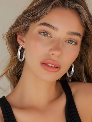 FindChic Twisted Hoop Earrings for Women, Silver/Black/14K Gold Plated Hypoallergenic Hollow Tube Rounded Loop Earrings, 30mm/40mm/60mm/80mm Hoops with Custom Name Options and Gift Box - color: b.Silver, size: 40MM