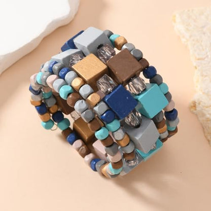 Bohemian Multicolor Natural Wooden Beads Woven Stretch Bracelets Retro Thick Coconut Shell Wood Beaded Elastic Wristband Bracelet Wide Chunky Ethnic Bangles for Women Holiday Jewelry Gifts - style: StyleK
