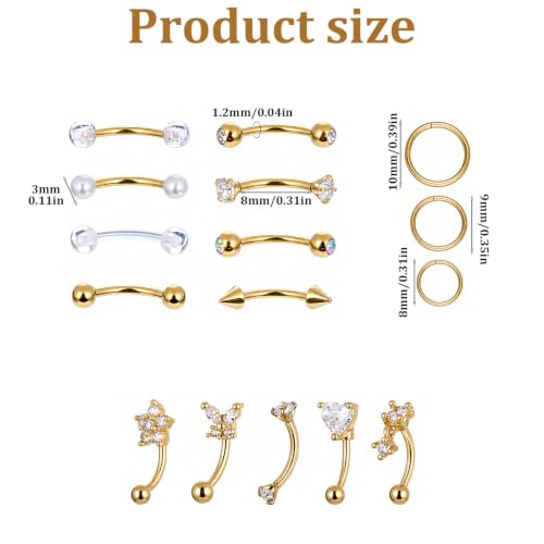 16 Pcs Rook Piercing Jewelry Eyebrow Piercing Stainless Steel Vertical Labret Lip Jewelry 16G Gold Cartilage Curved Barbell Daith Surface Tragus Belly Lip Ring Body Piercing Jewelry for Women