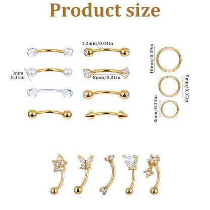 16 Pcs Rook Piercing Jewelry Eyebrow Piercing Stainless Steel Vertical Labret Lip Jewelry 16G Gold Cartilage Curved Barbell Daith Surface Tragus Belly Lip Ring Body Piercing Jewelry for Women