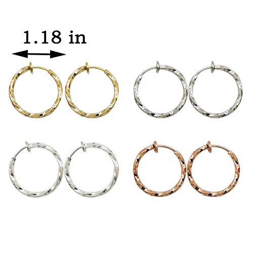 LAXPICOL Twisted Clip On Earrings 4PCS Different Color Gold Silver Black Rose 1.18IN .57IN .96IN .36IN Hoop Earrings Clip On Earrings for Women No Piercing - color: 1.18in