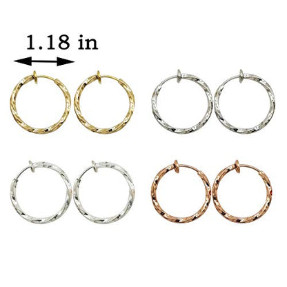 LAXPICOL Twisted Clip On Earrings 4PCS Different Color Gold Silver Black Rose 1.18IN .57IN .96IN .36IN Hoop Earrings Clip On Earrings for Women No Piercing - color: 1.18in