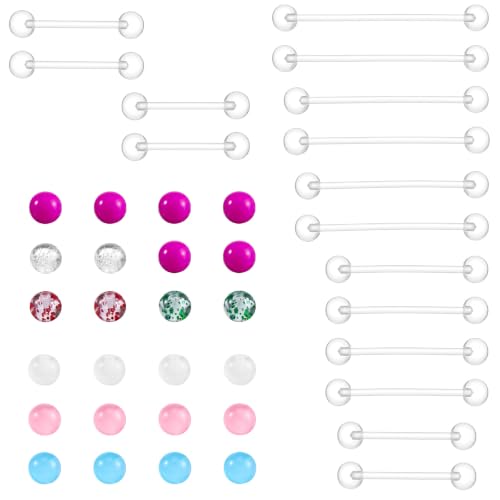 14G Plastic Tongue Rings - Nipple Rings for Surgery | 14/16/19/22/25/32/35/38mm，Clear Acrylic Nipple Piercing Tongue Rings For Women，24 Replacement Colorful Nipple Barbells