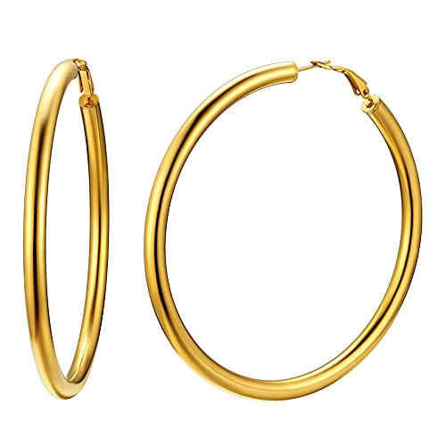 ChainsHouse 30/40/60/80mm Hoop Earrings for Women,Chunky Earrings in 18K Gold Plated/Silver/Black,Minimalist Jewelry Round Tube Hoops Fits Sensitive Ears|Hypoallergenic&Waterproof,with Gift Box - color: F:gold plated-round tube, size: 80MM