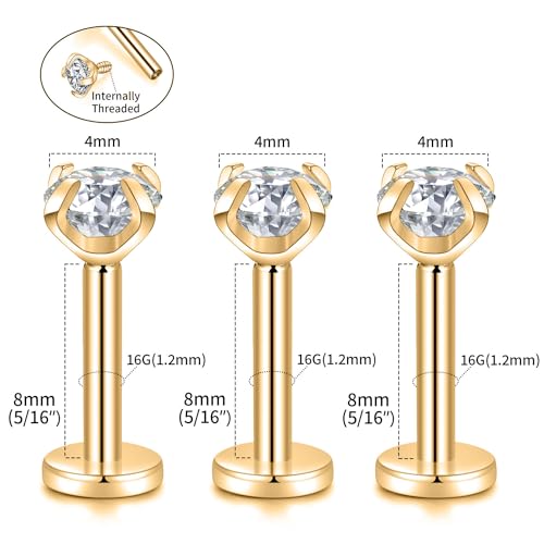 GAGABODY G23 Titanium 16G 6/8/10mm Clear CZ/Opal Internally Threaded Labret Monroe Lip Studs 6mm Helix Cartilage Tragus Earring Piercing - color: 16G-3Pcs-Gold-Length:8mm CZ:4mm