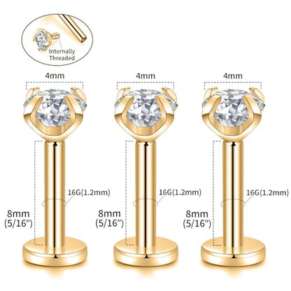 GAGABODY G23 Titanium 16G 6/8/10mm Clear CZ/Opal Internally Threaded Labret Monroe Lip Studs 6mm Helix Cartilage Tragus Earring Piercing - color: 16G-3Pcs-Gold-Length:8mm CZ:4mm