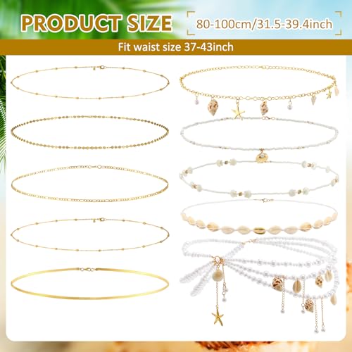 Lenwen 10 Pcs Summer Beach Belly Chain Adjustable Waist Multi Layered Chain Waist Jewelry for Women Girls Multilayer Body - color: Gold, style: Elegant Style