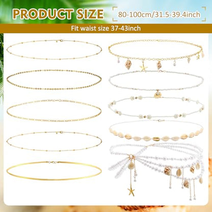 Lenwen 10 Pcs Summer Beach Belly Chain Adjustable Waist Multi Layered Chain Waist Jewelry for Women Girls Multilayer Body - color: Gold, style: Elegant Style