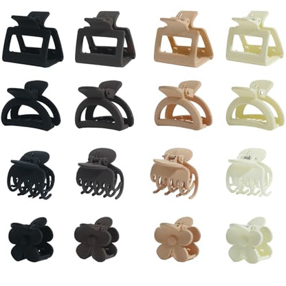 16Pcs Medium Claw Hair Clips for Women Girls,Matte Rectangle Double Row Teeth Flower Semicircle Small Claw Clips for Thin/Medium Thick Hair, Jaw Clips Nonslip Clips (Beige,Khaki,Brown,Black) - color: Beige, Khaki, Brown, Black