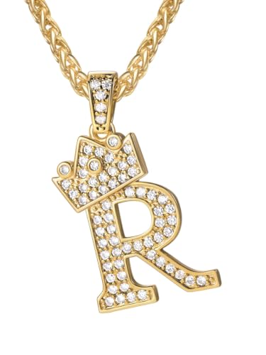 U7 Crown Initial Necklace Men Women, Bling Diamond A-Z 0-9 Letter Pendant with Wheat Chain, Silver/Black/Gold Plated CZ Alphabet Number Hip Hop Jersery for Father Husband - color: a. Gold, size: 18. R