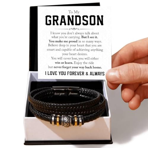 To My GrandSon Bracelet – Love You Forever Braided Leather Bracelet, Meaningful GrandSon Gift from Grandpa & Grandma with Heartfelt Message Card & Elegant Gift Box for Birthday, Christmas - color: Version#6