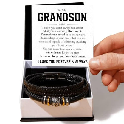 To My GrandSon Bracelet – Love You Forever Braided Leather Bracelet, Meaningful GrandSon Gift from Grandpa & Grandma with Heartfelt Message Card & Elegant Gift Box for Birthday, Christmas - color: Version#6