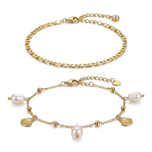 Dainty Gold Shell Pearl Ankle Bracelets for Women, Trendy Anklet Stack Charm Bracelet Adjustable Chain Summer Ocean Beach Accessories Fashion Jewelry Gift - color: PigNose Chain