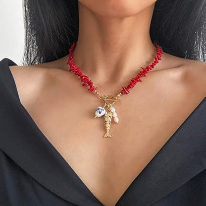 Fish Necklace for Women Sardine Pendant Necklace Summer Fishing Choker Necklace Boho Beach Jewelry - color: URX001