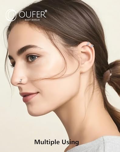 OUFER Nose Rings Silver, 20G Double Hoop 8MM Nose Rings, Seamless Stainless Steel Rook Daith Piercing Jewelry for Women & Men - style: Style6-Square Diamond