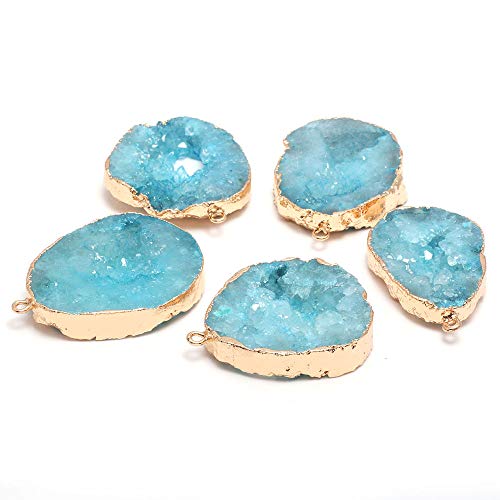 LE SKY natural stone pendant, irregular plated gold edge crystal agate stone pendant for jewelry making DIY necklace charms 25X30-35X45mm (2 Pcs) - color: blue