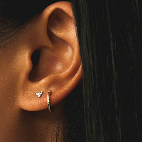 Sterling Silver Stud Earrings for Women Men, 1 Pair Flower Cubic Zirconia Stud Earrings | Small Cartilage CZ Hypoallergenic Tragus Piercing Earrings for Teens 4mm