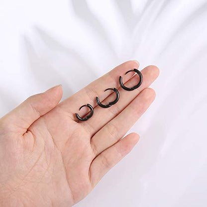 3 Pairs 316L Stainless Steel Small Black Silver Hoop Earrings 8mm 10mm 12mm Hypoallergenic Surgical Earring Cartilage Helix Lobes Hinged Sleeper Ear Jewelry For Men Women - color: black