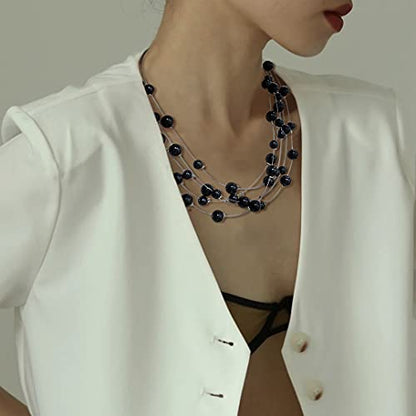 FULU AUTUMN Layered Pearl Necklace Multi-strand Pearl Choker Necklaces for Women Beaded jewelry for Wedding Parties - color: Black
