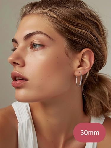 FOCALOOK 14K Gold Plated Lightweight Large Hoops| 2mm Thin Hoop Earrings for Women 30/40/50/70/100mm - color: 01.Silver, size: 30mm