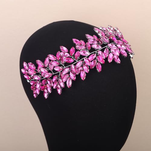 Missgrace Women Silver Green Black Red Blue Handmade Full Crystal Rhinestone Large Headband Hair Vine Shinny Headpiece Bridal Wedding Hair Accessories for Women (Rose Red) - color: Rose Red